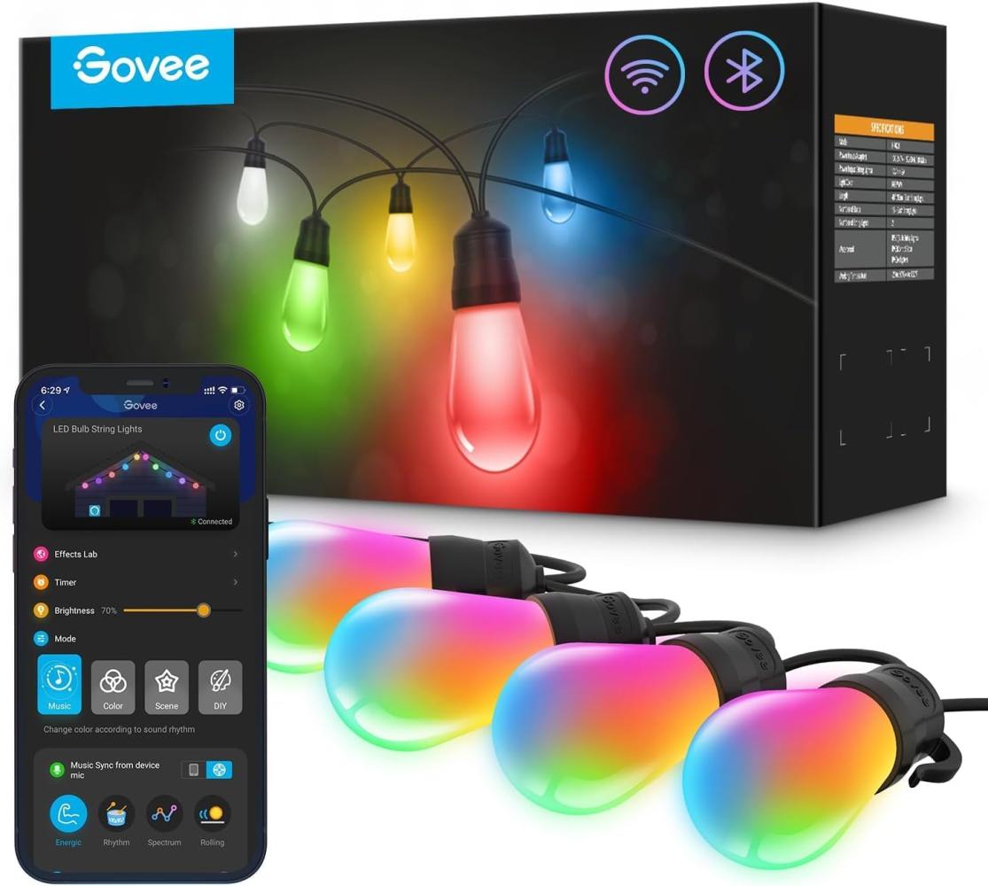 Govee Lichterkette Außen, Smart LED Wifi RGBICW Glühbirnen, IP65 Wasserdicht, Funktioniert mit Alexa und Google Assistant, App-Steuerung, 47 Szenenmodi, 30 LEDs 30m Outdoor Bild 1