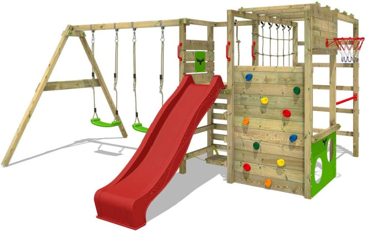 FATMOOSE Klettergerüst Spielturm ActionArena mit Schaukel & roter Rutsche, Gartenspielgerät mit Leiter & Spiel-Zubehör Bild 1