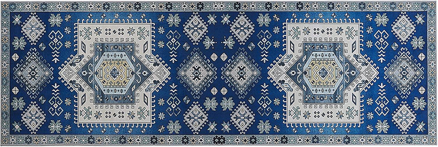 Teppich blau beige orientalisches Muster 80 x 240 cm Kurzflor PARVAKADLI Bild 1