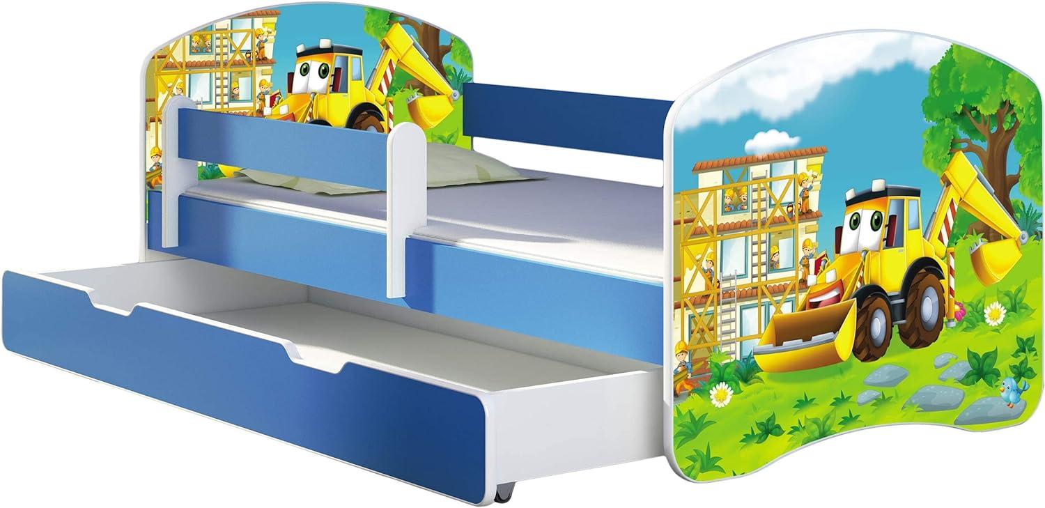 ACMA Kinderbett Jugendbett mit Einer Schublade und Matratze Blau mit Rausfallschutz Lattenrost II 140x70 160x80 180x80 (20 Bagger, 140x70 + Bettkasten) Bild 1