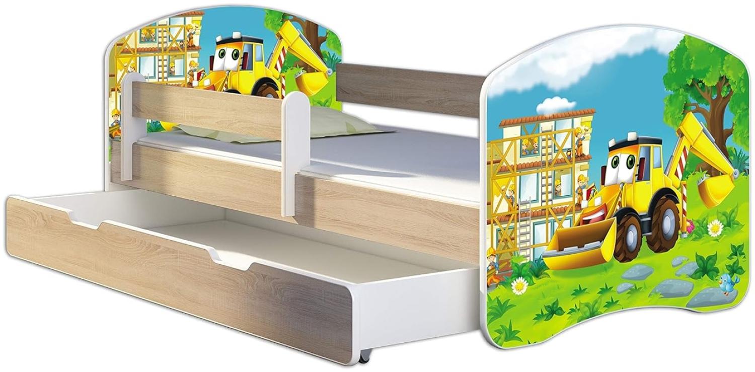 Kinderbett Jugendbett mit einer Schublade und Matratze Sonoma mit Rausfallschutz Lattenrost ACMA II 140x70 160x80 180x80 (20 Bagger, 140x70 + Bettkasten) Bild 1