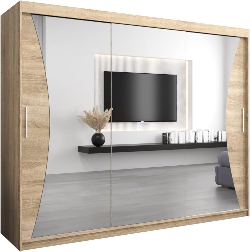 Kryspol Schwebetürenschrank Monaco 250 cm mit Spiegel Kleiderschrank mit Kleiderstange und Einlegeboden Schlafzimmer- Wohnzimmerschrank Schiebetüren Modern Design (Sonoma) Bild 1