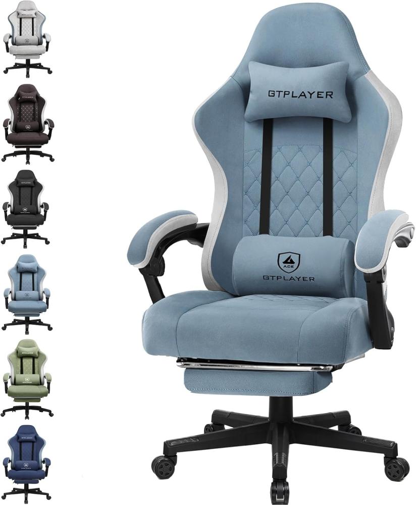 GTPLAYER Gaming Stuhl Ergonomischer Gaming Sessel Schreibtischstuhl mit Stoffoberfläche, Federsitzkissen, Verbindungsarmlehnen und Fußstütze hellblau Bild 1