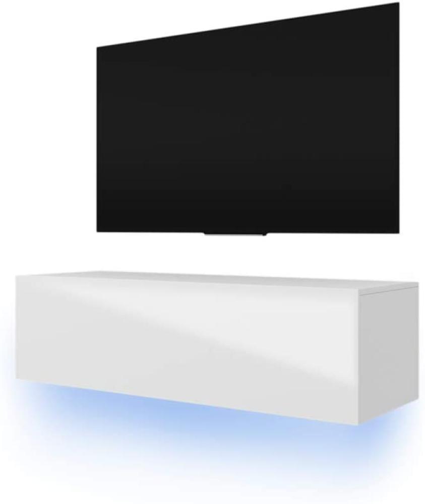 Selsey Skylara TV Hängeboard  / TV Schrank, Weiß Matt / Weiß Hochglanz, LED-Beleuchtung in Blau, 140 x 40 x 35 cm Bild 1