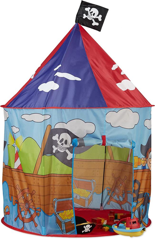 Relaxdays Piraten Spielzelt für Jungen, Kinderzelt mit Piratenflagge ab 3 Jahren, Spielhaus H xD 130 x 100 cm, rot-blau Bild 1