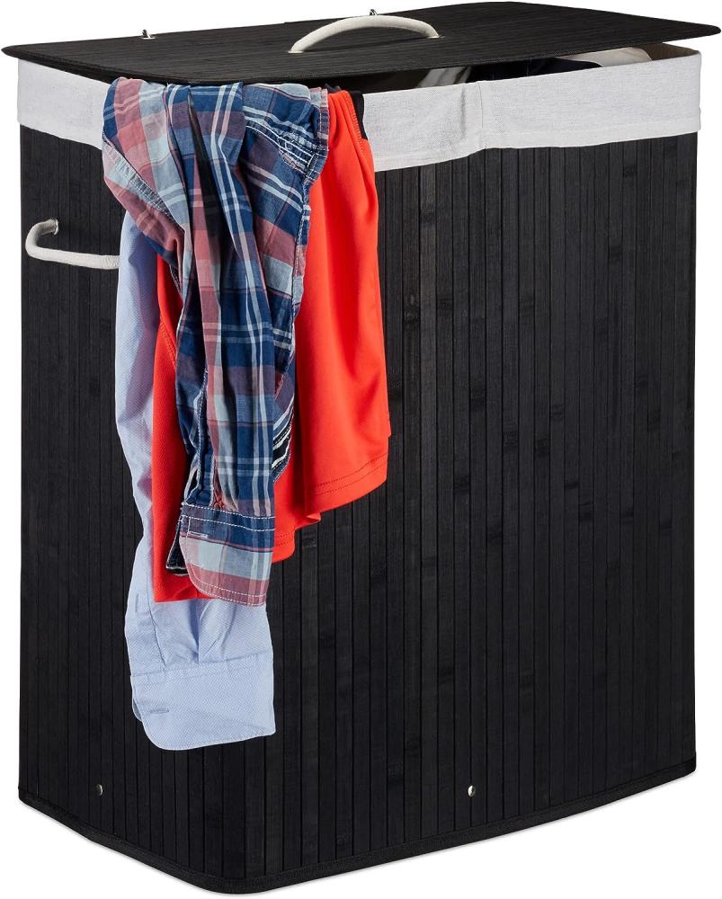 Relaxdays Wäschekorb Bambus mit Deckel, rechteckiger Wäschesammler, 2 Fächer, 95 l Volumen, faltbare Wäschebox, schwarz Bild 1