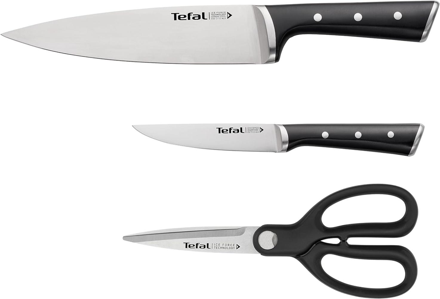 Tefal K232S355 Ice Force 3-teiliges Messerset | Kochmesser | Universalmesser | Küchenschere | Klinge aus deutschem Edelstahl | lang anhaltende Schneidleistung und Schärfe | Edelstahl/Schwarz Bild 1