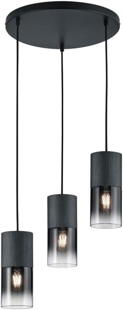 Zeitlose LED Pendelleuchte aus schwarz mattem Metall & Rauchglas, 3 x E27 Bild 1