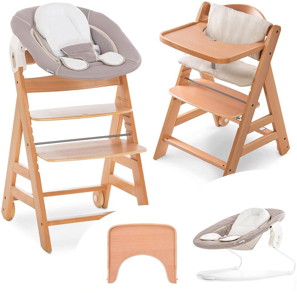 Hauck Alpha Plus Move Newborn Set - Baby Holz Hochstuhl ab Geburt inkl. Aufsatz für Neugeborene, Sitzpolster, Tisch - mitwachsend - Stretch Beige Bild 1