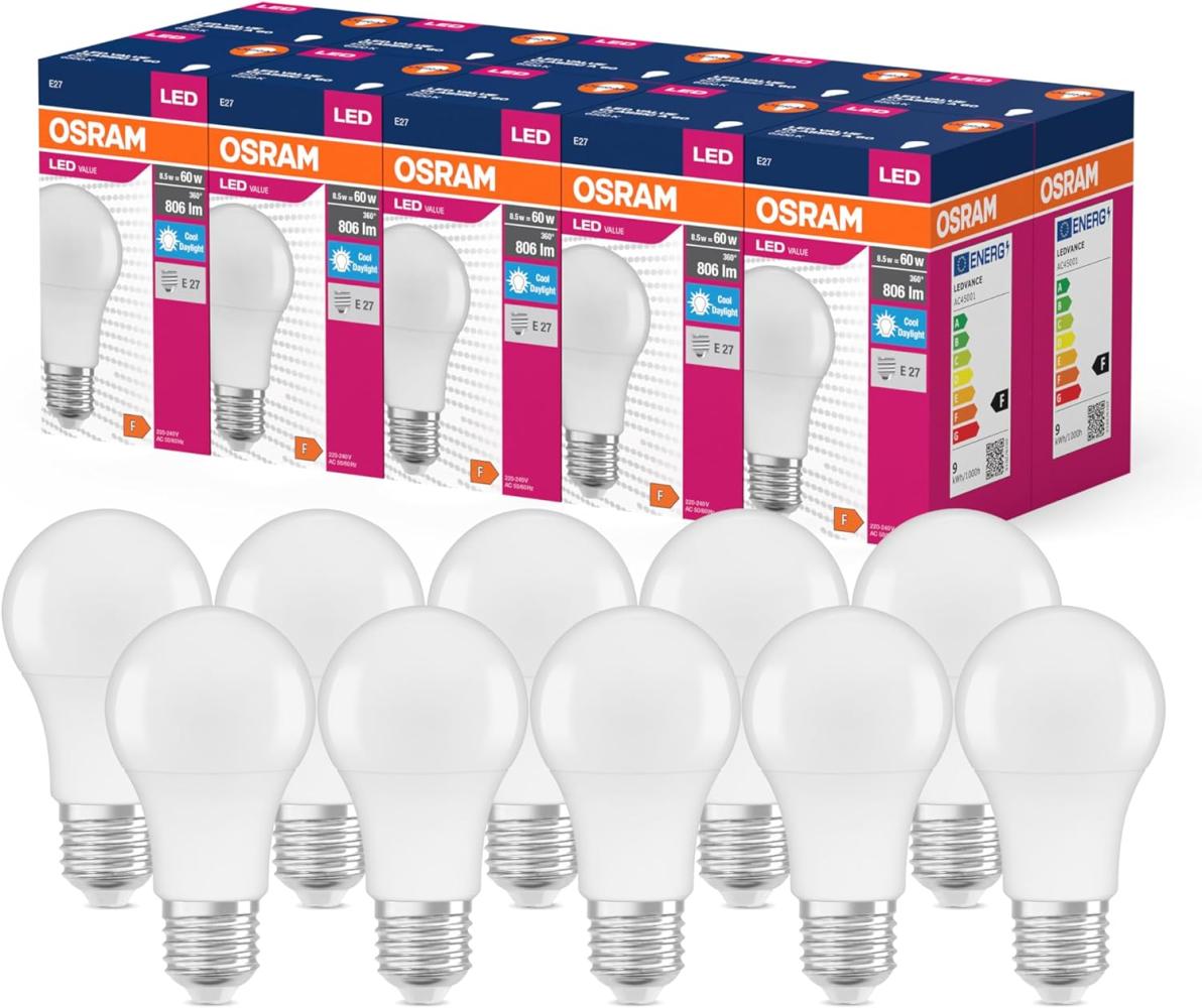 OSRAM LED Star Value Classic A60 LED Lampe für E27 Sockel, Birnenform, FR, 806 Lumen, tageslichtweiß (6500K), Ersatz für herkömmliche 60W Glühbirnen, nicht dimmbar, 10er-Pack Bild 1