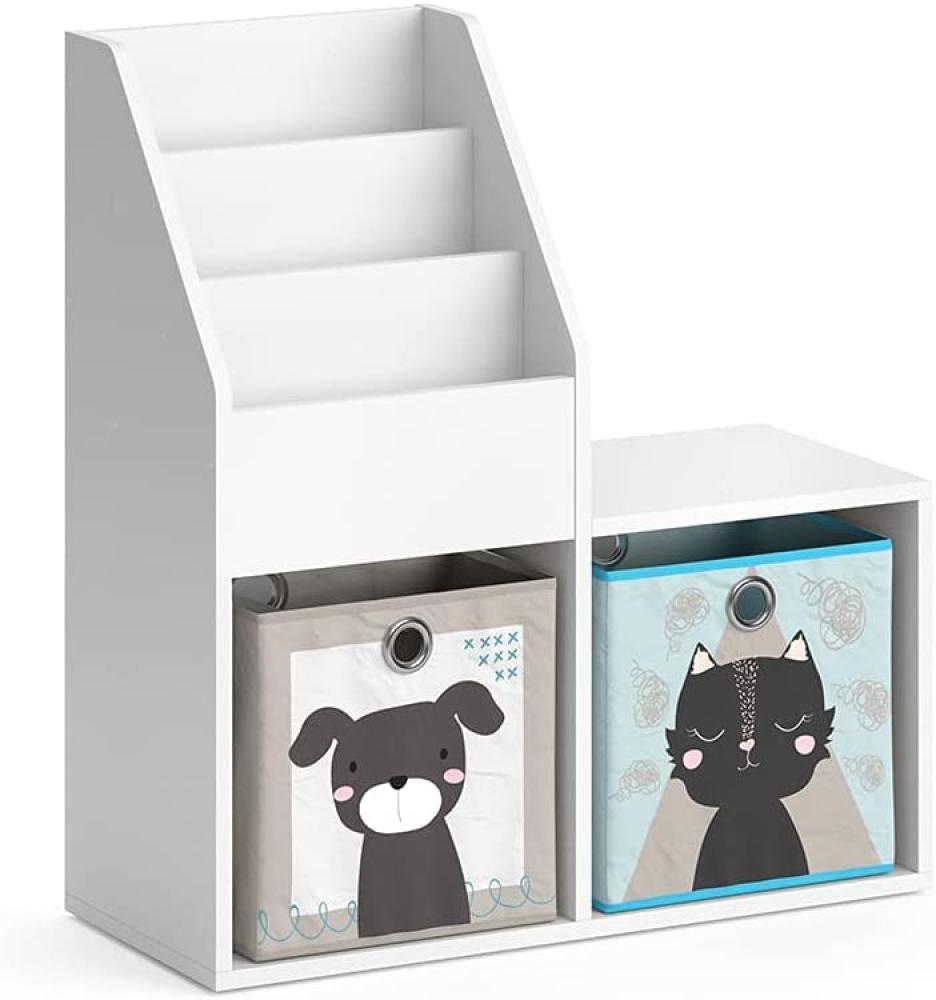 Vicco 'LUIGI' Kinderregal, weiß, mit Sitzbank, 3 Fächern für Bücher und 2 Fächern für Faltboxen, inkl. 2 Faltboxen (Elch + Hund / Katze + Kater) Bild 1