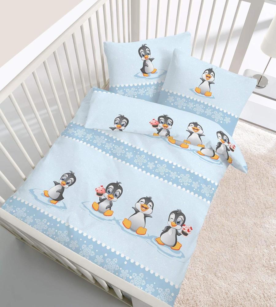 Dobnig Biber Baby Bettwäsche 2 teilig Bettbezug 100 x 135 cm Kopfkissenbezug 40 x 60 cm Baby Pinguin eisblau Bild 1