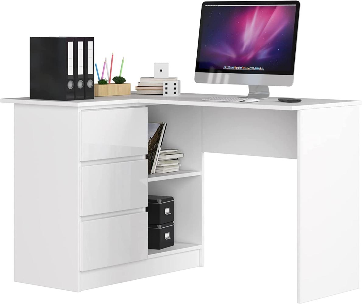 Eck-Schreibtisch B-16 mit 3 Schubladen und 2 Ablagen | Schreibtisch | ecktisch | Eck Schreibtisch für Home Office | Einfache Montage | B124 x H77 x T85, 48 kg Weiß/Weiß Glänzend Bild 1