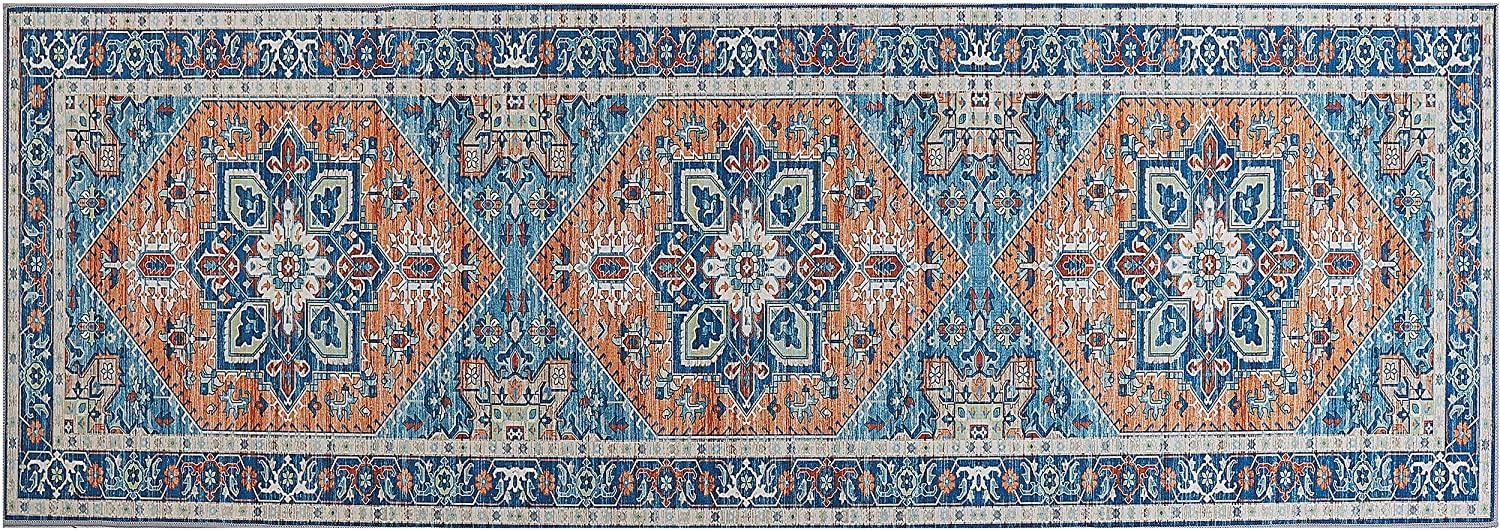 Teppich blau orange orientalisches Muster 70 x 200 cm Kurzflor RITAPURAM Bild 1