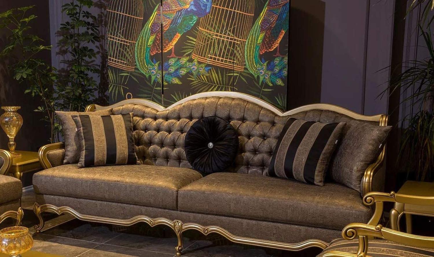 Casa Padrino Luxus Barock Sofa Grau / Gold 243 x 78 x H. 105 cm - Edles Wohnzimmer Sofa mit dekorativen Kissen Bild 1