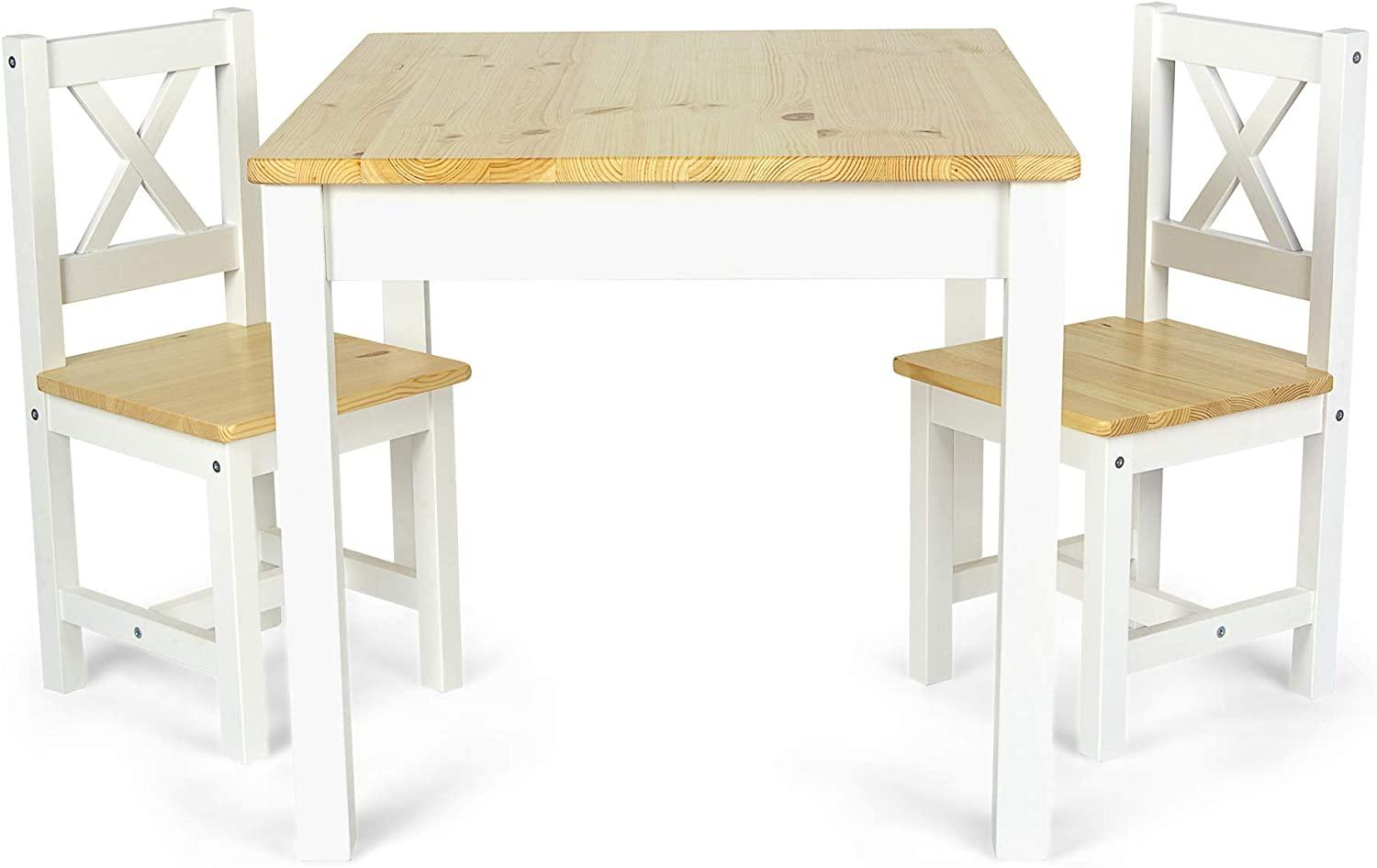 Holztisch für Kinder - POLA - Kindertisch und 2 Stühle im skandinavischen Stil (Weiß/Kiefer) Bild 1