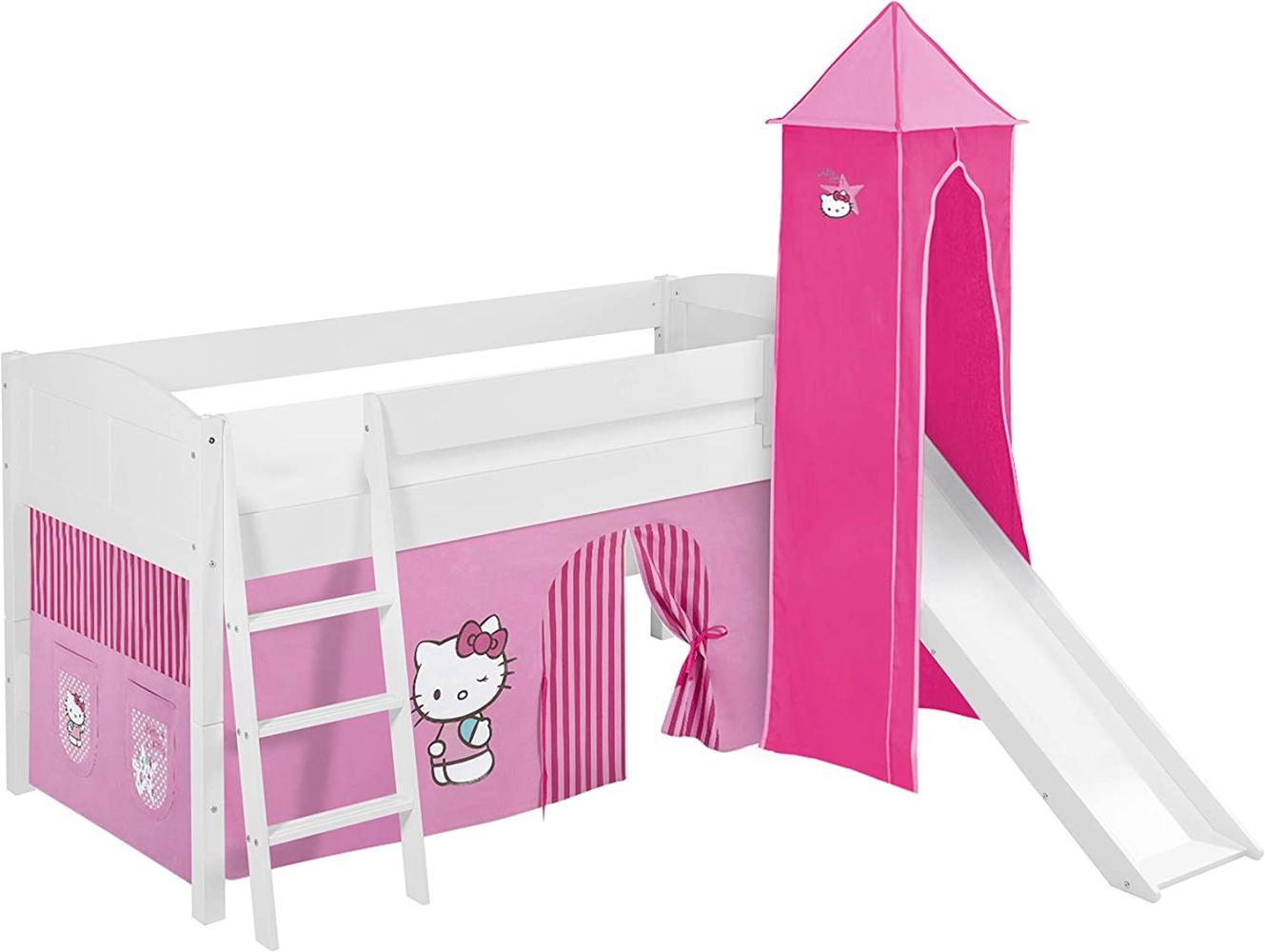 Lilokids 'Ida 4106' Spielbett 90 x 200 cm, Hello Kitty Rosa, Kiefer massiv, mit Turm, Rutsche und Vorhang Bild 1
