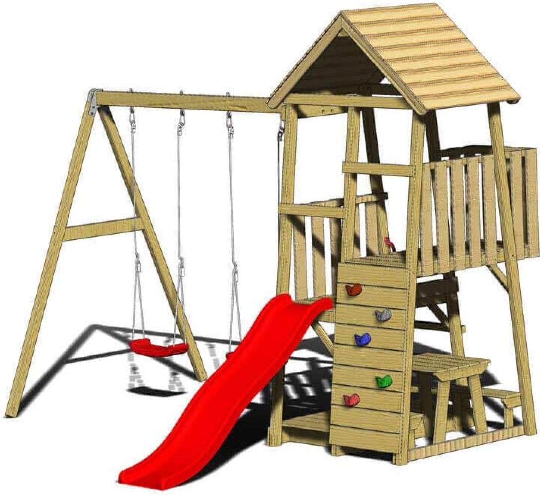 Wendi Toys Holz Spielturm Flamingo | mit Rutsche, Kletterwand, 2 Schaukeln & Picknicktisch | Natur | 280x340x270 cm Bild 1