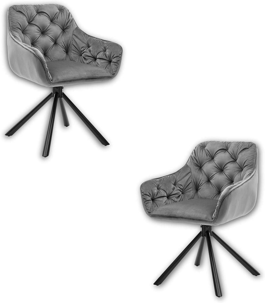 CLAIRE 2er Set Esszimmerstühle drehbar mit schwarzem Metall Gestell und Samtbezug, Grau - Bequeme Armlehnstühle für Esszimmer und Wohnzimmer - 57 x 81 x 58 cm (B/H/T) Bild 1
