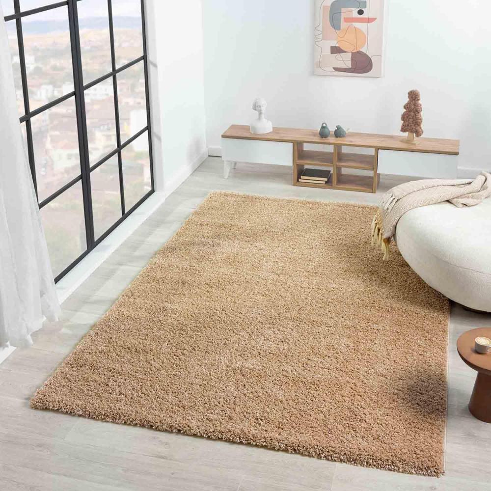 VIMODA Teppich Prime Shaggy Hochflor Langflor Einfarbig Modern Beige für Wohnzimmer, Schlafzimmer, küche, Maße:200 cm Quadrat Bild 1