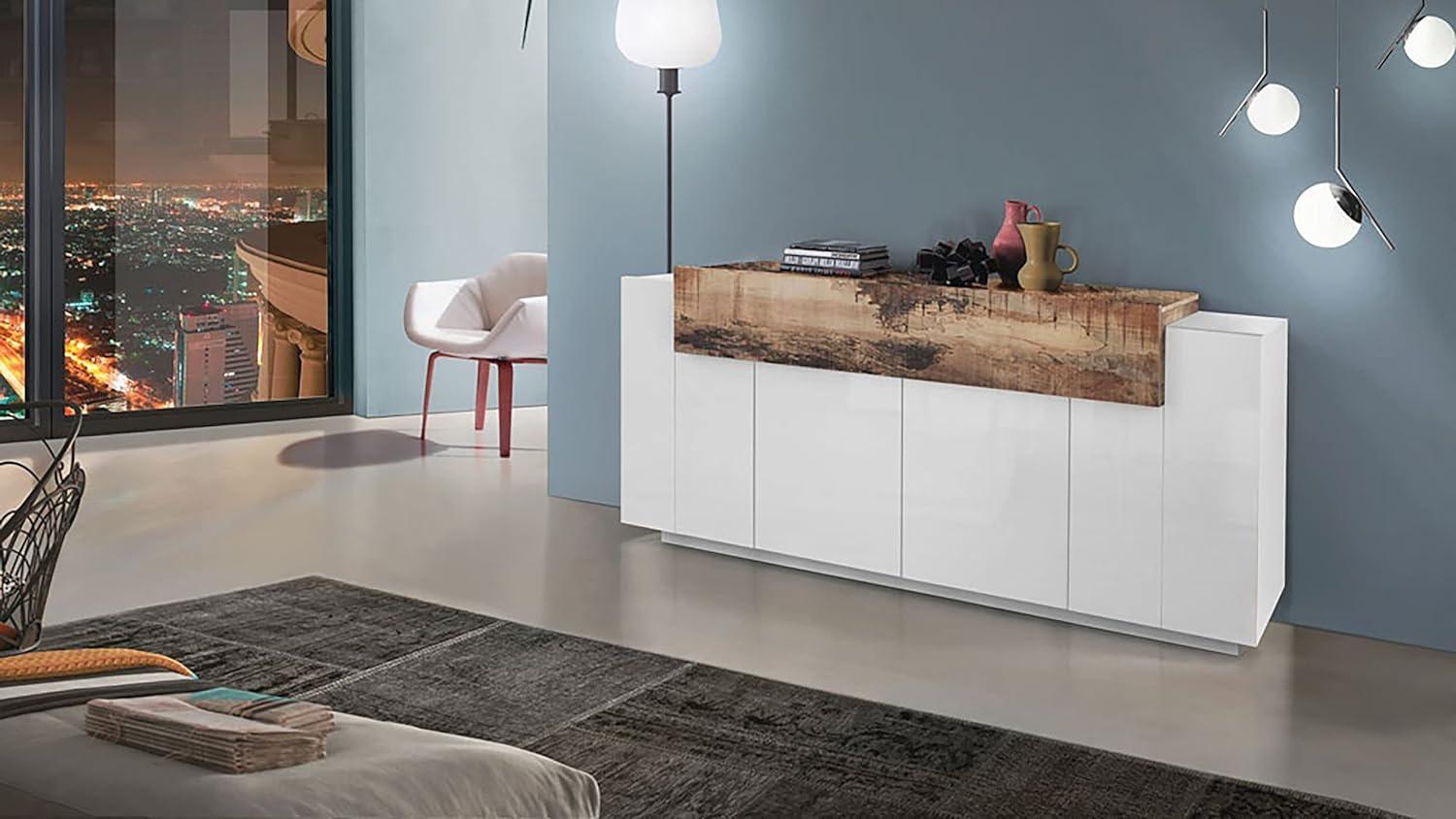 Dmora Modernes 5-türiges Sideboard, Made in Italy, Küchen-Sideboard, Wohnzimmer-Design-Buffet, cm 200x45h86, Glanzweiß und Ahornfarbe Bild 1
