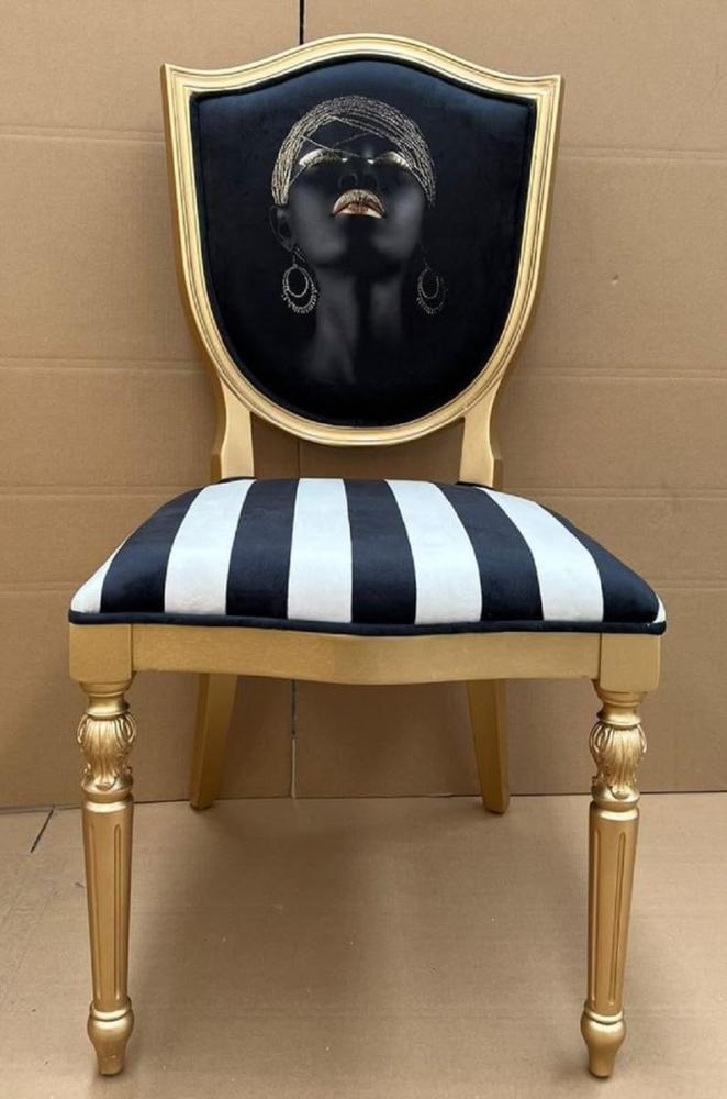 Casa Padrino Luxus Art Deco Esszimmer Stuhl mit Design und Streifen Schwarz / Weiß / Gold - Eleganter Massivholz Stuhl - Art Deco Esszimmer Möbel Bild 1