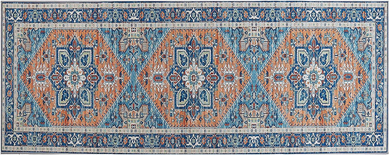 Teppich blau orange orientalisches Muster 80 x 200 cm Kurzflor RITAPURAM Bild 1