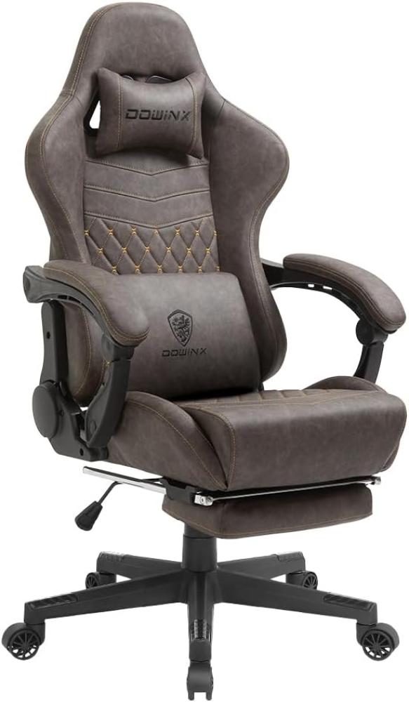 Dowinx Gaming Stuhl Bürostuhl Ergonomischer PC-Stuhl mit Massage Lendenwirbelstütze, Racing Stil PU Leder Hohe Rückenlehne Verstellbarer Drehsessel mit Fußstütze (Braun) Bild 1