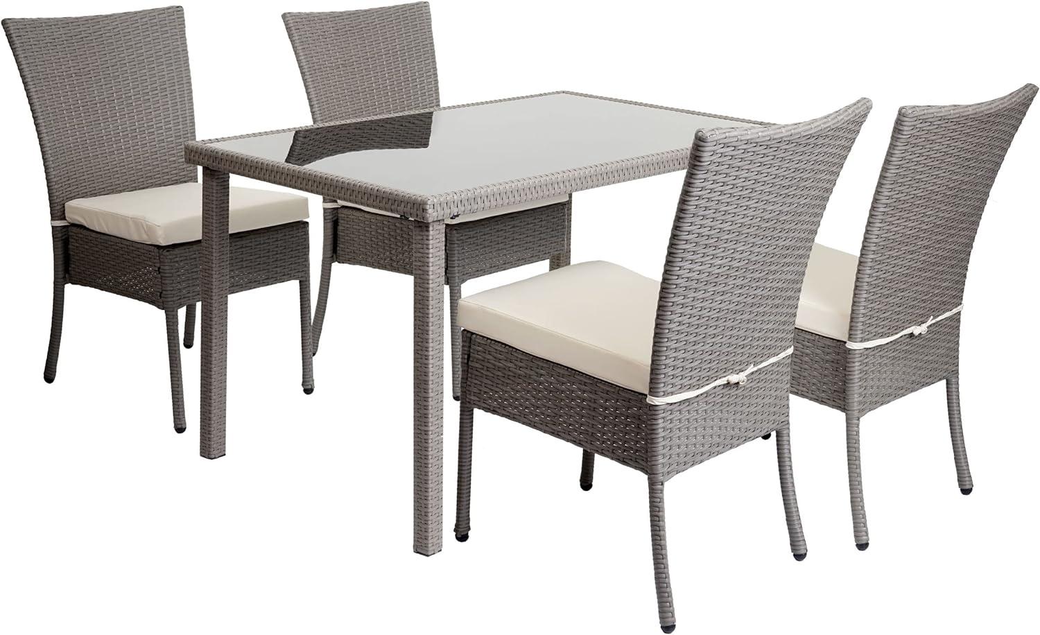 Poly-Rattan Garnitur HWC-G19, Sitzgruppe Balkon-/Lounge-Set, 4xStuhl+Tisch, 120x75cm ~ grau, Kissen creme Bild 1