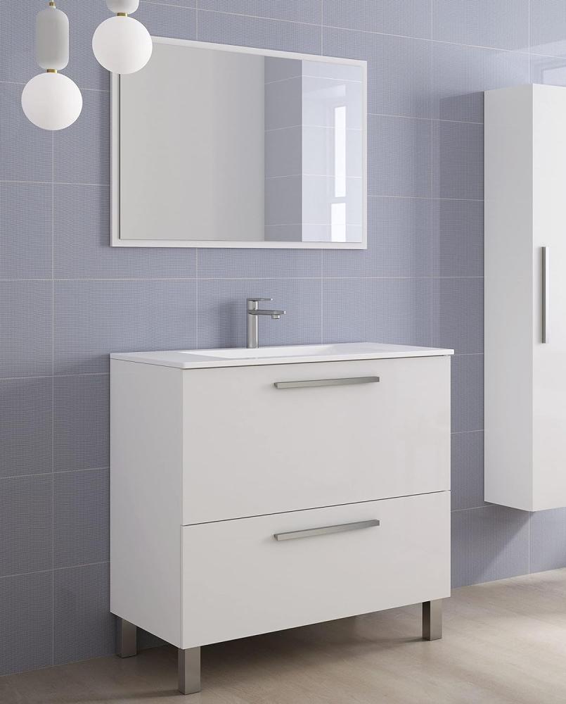 Dmora - Unterbauschrank Hayward, Badezimmerschrank, Kleiderschrank mit 2 Schubladen und Spiegel, Waschbecken nicht enthalten, cm 80x45h80, Glänzend Weiß Bild 1