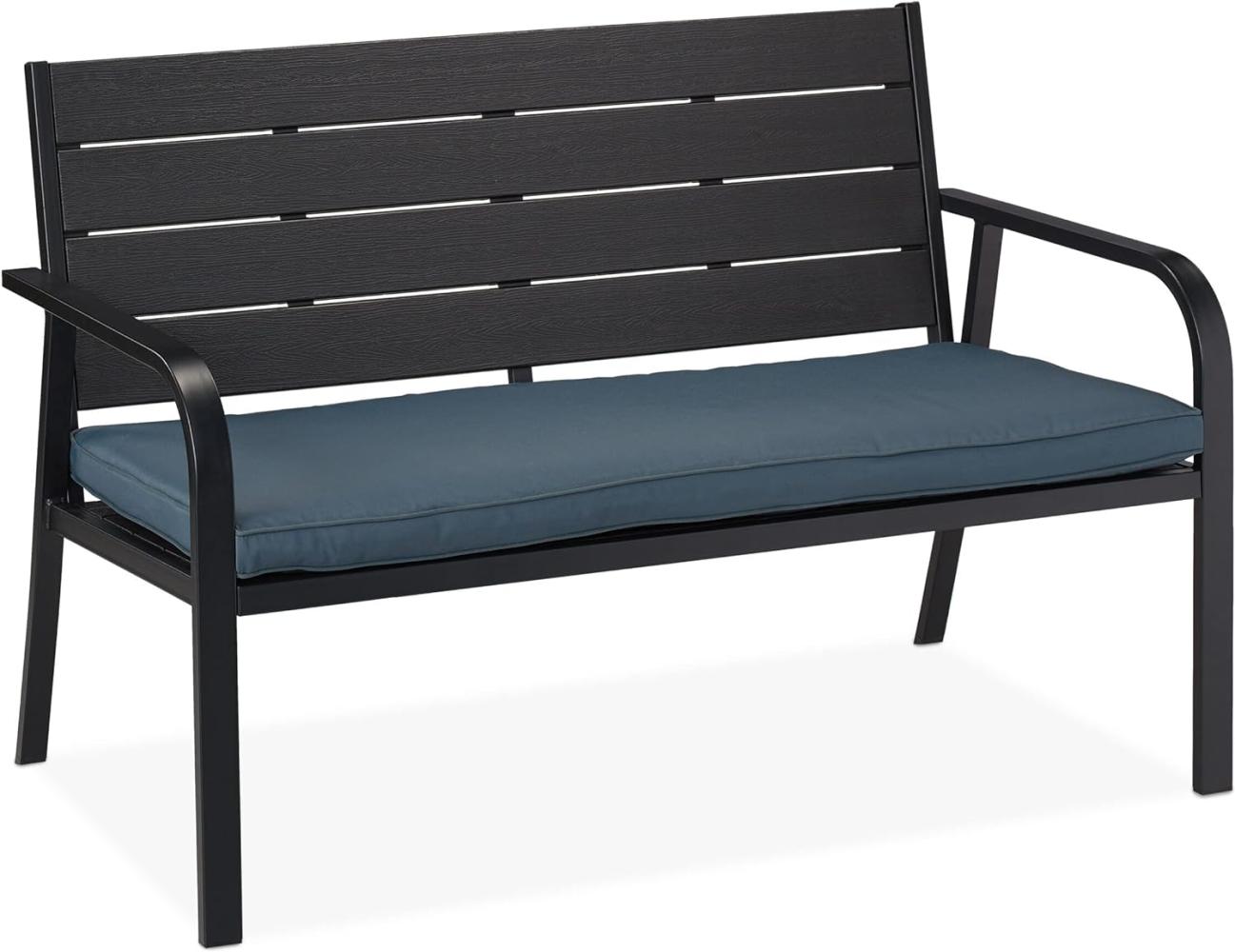 Relaxdays Gartenbank mit Sitzkissen, Holzoptik, HBT: 78 x 118 x 66 cm, 2 Sitzer, stabile Balkonbank, schwarz/anthrazit Bild 1