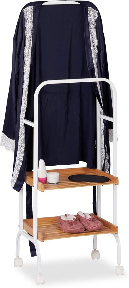 Relaxdays Stummer Diener auf Rollen, fahrbarer Kleiderständer mit 2 Ablagen, Metall & Bambus, 129 x 42 x 32 cm, weiß Bild 1