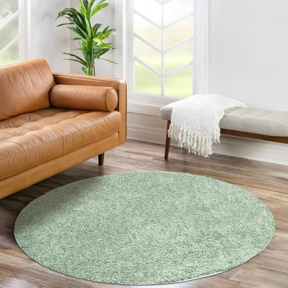 carpet city Shaggy Hochflor Teppich - Rund 200 cm - Grün - Langflor Wohnzimmerteppich - Einfarbig Uni Modern - Flauschig-Weiche Teppiche Schlafzimmer Deko Bild 1