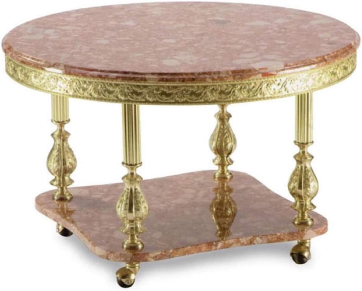 Casa Padrino Luxus Barock Couchtisch Pink / Gold Ø 80 x H. 43 cm - Runder Messing Wohnzimmertisch mit Marmorplatte und Rollen - Barock Wohnzimmer Möbel Bild 1