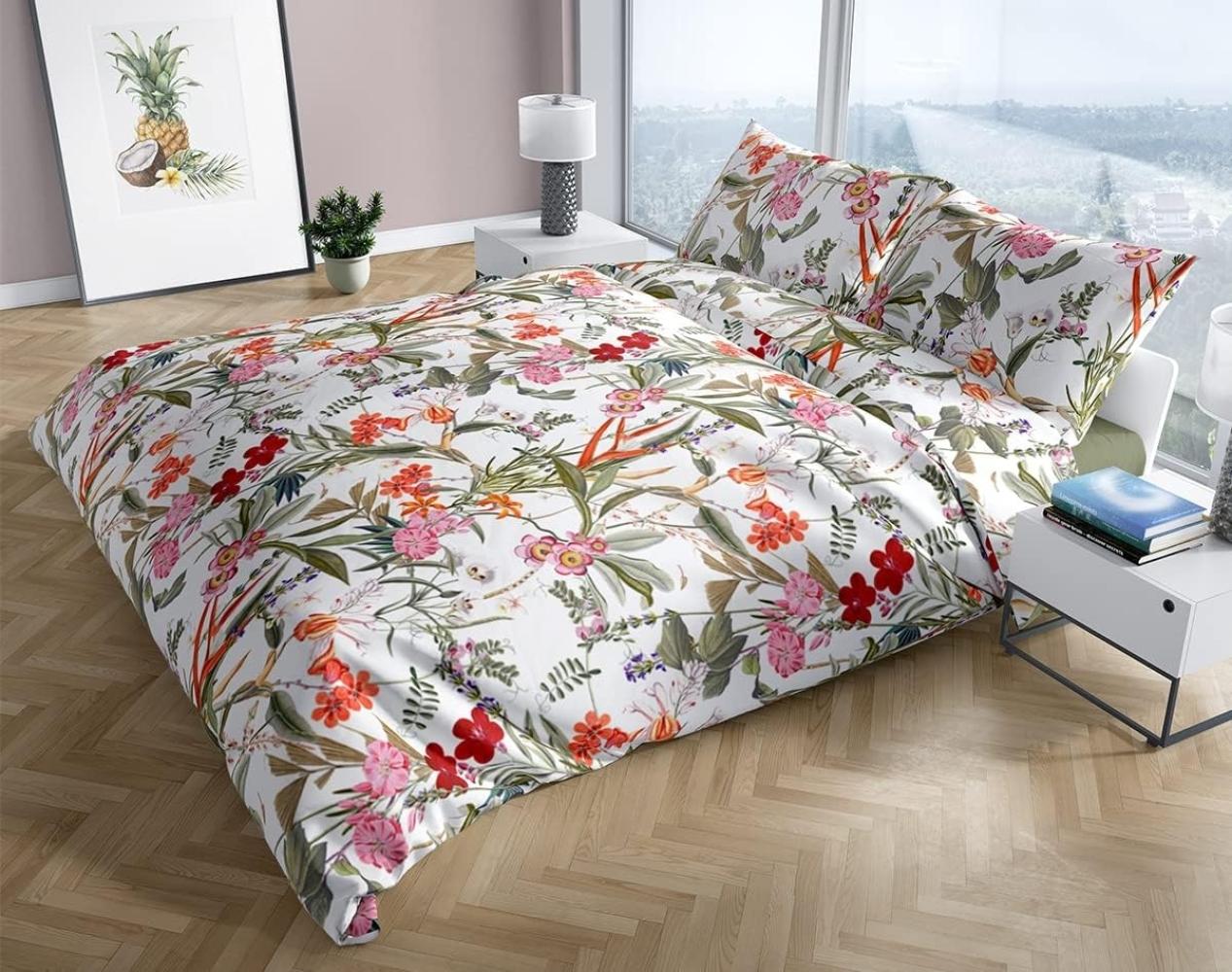 Mako Satin Bettwäsche Tropical Flowers weiß 240x220 + 2x 80x80 Bild 1