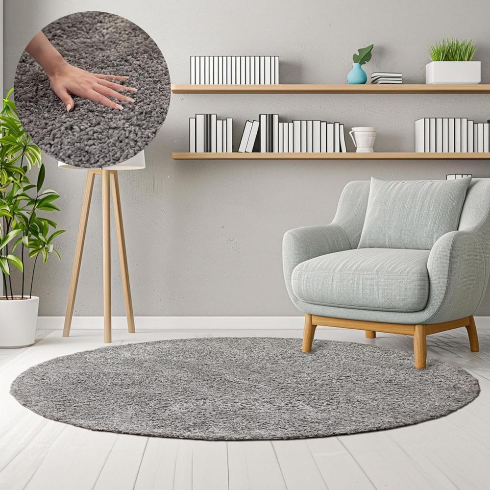 Homebyhome Shaggy Teppich Wohnzimmer Runder Flauschiger Teppich Hellgrau 120 cm Rund Einfarbig - Hochflor Teppich Schlafzimmer Pflegeleicht Schmutzabweisend - Modern Langflor Teppich Weich Plüsch Halı Bild 1