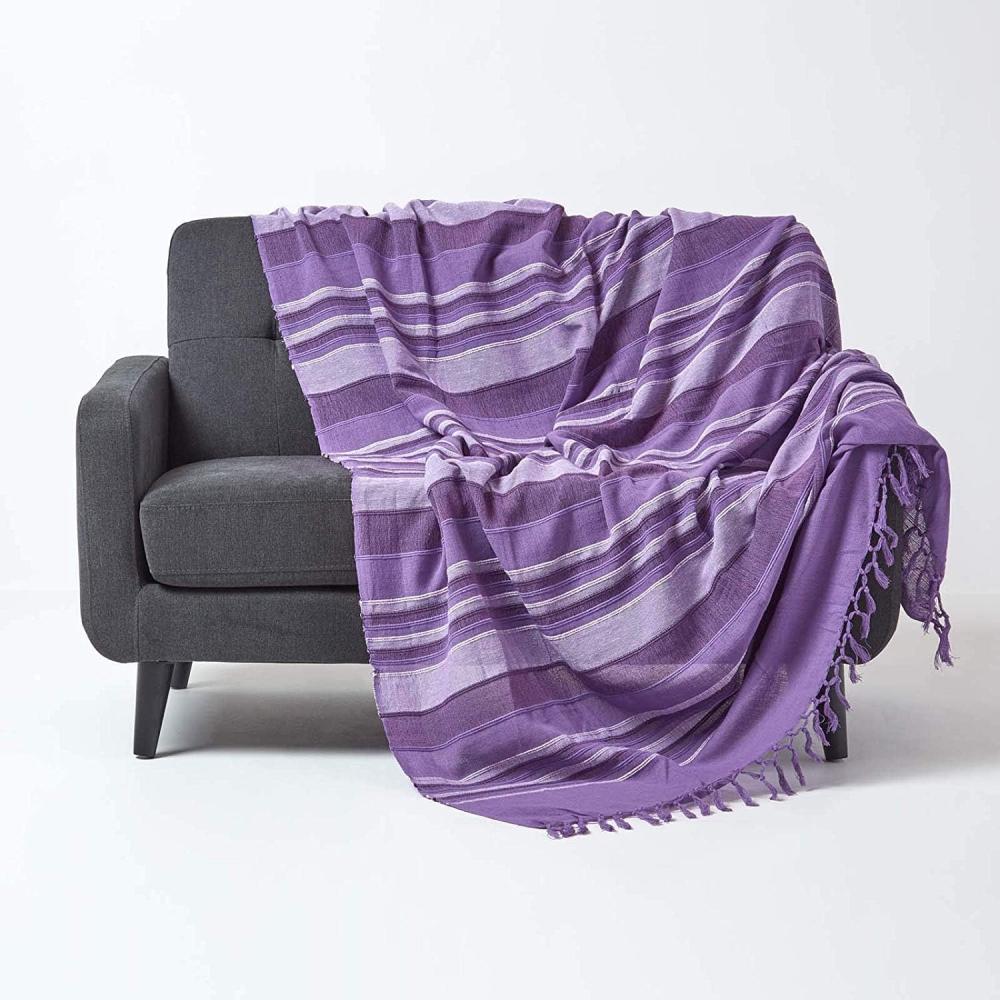 Homescapes extra große Tagesdecke Morocco, lila, Sofa-Überwurf aus 100% Baumwolle, weiche Wohndecke 255 x 360 cm, violett gestreift, mit Fransen Bild 1
