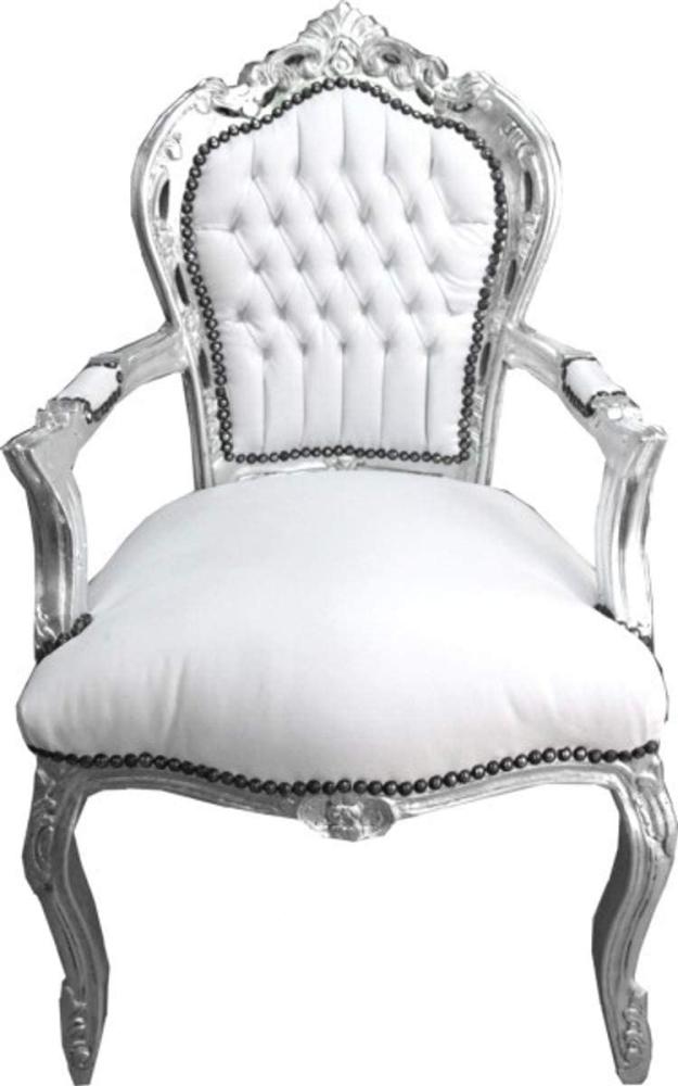 Casa Padrino Barock Esszimmer Stuhl mit Armlehnen Weiß / Silber Lederoptik - Möbel Antik Stil Bild 1