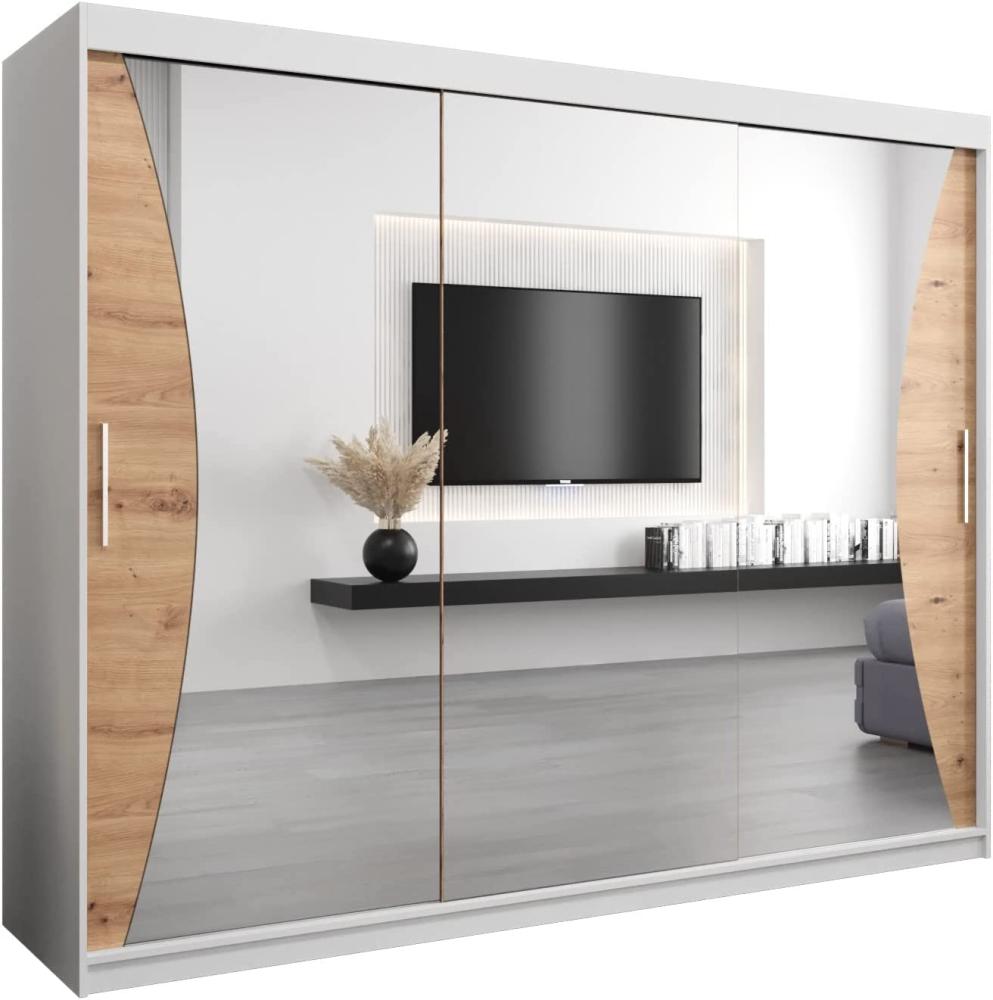 Kryspol Schwebetürenschrank Monaco 250 cm mit Spiegel Kleiderschrank mit Kleiderstange und Einlegeboden Schlafzimmer- Wohnzimmerschrank Schiebetüren Modern Design (Weiß + Artisan Eiche) Bild 1