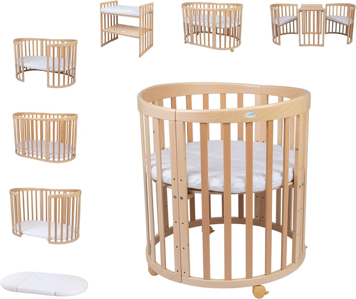 Waldin Oval Babybett Mitwachsend Komplett Set 7in1 - Baby Gitterbett mit Matratze - Babybetten mit Wickelkommode - Baby Bett mit Rollen - Mitwachsendes Kinderbett - Baby Bed - Beistellbett Holz Bild 1