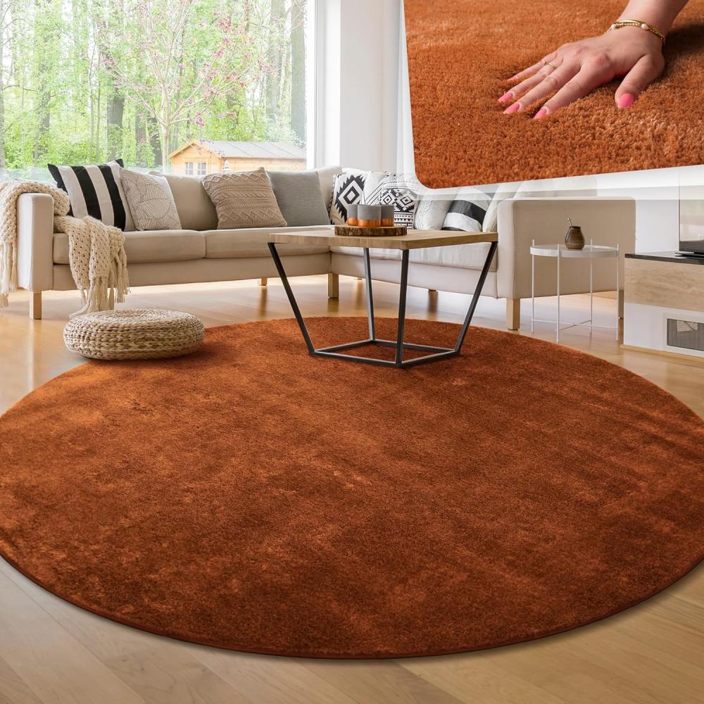 Paco Home Waschbarer Teppich Wohnzimmer Schlafzimmer Kurzflor rutschfest Flauschig Weich Moderne Einfarbige Muster, Grösse:200 cm Rund, Farbe:Kupfer Bild 1