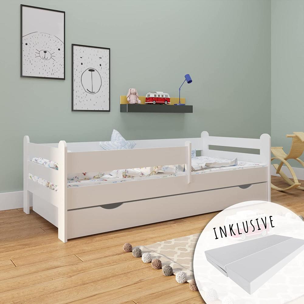 Kinderbett 160x80 Voll-Holz mit Matratze, Rausfallschutz, Schublade & Lattenrost in weiß 80 x 160 Mädchen Jungen Bett Skandi Bild 1