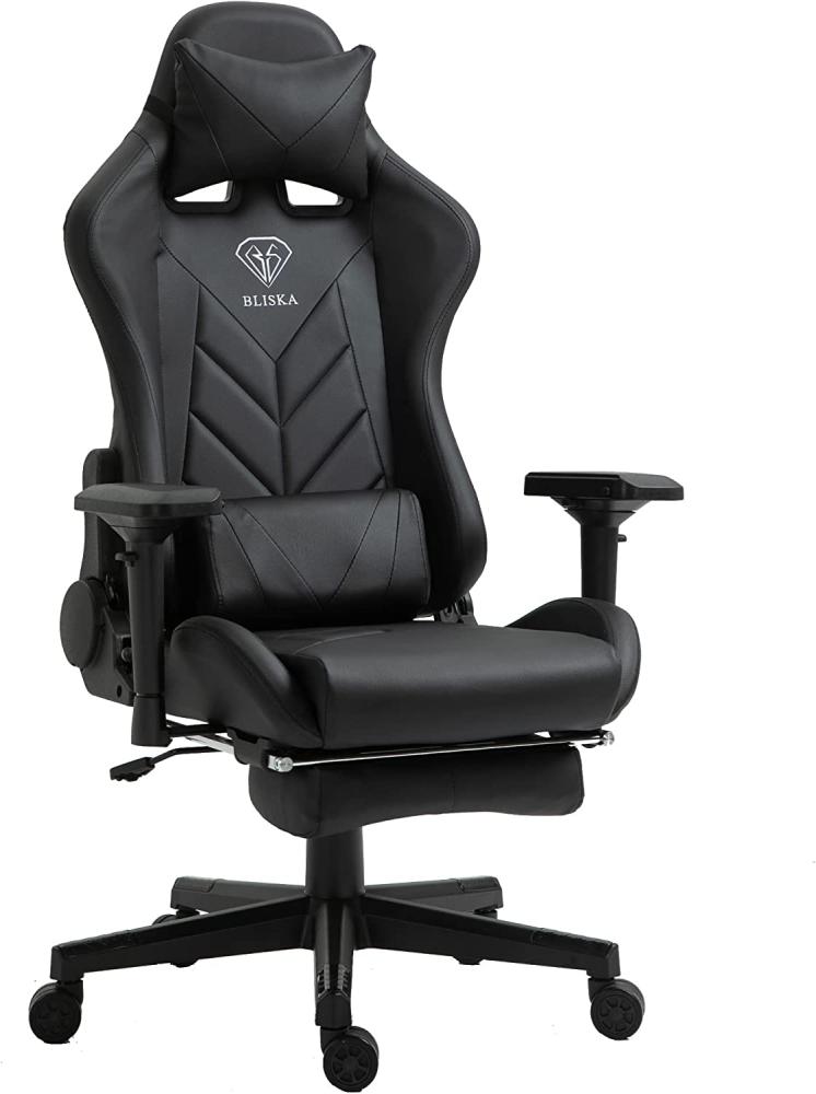 Gaming Stuhl mit Fußstütze und ergonomsichen 4D-Armlehnen gaming chair in ergonomischer Sportsitz Optik Gamer Stuhl mit verstellbaren Rückenstützkissen Bürostuhl Schwarz Bild 1