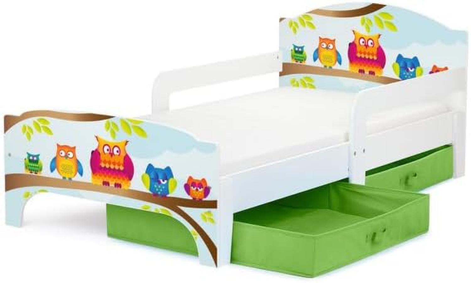 Leomark 'Eulen' Kinderbett mit Schubladen für Bettwäsche und Matratze 140 x 70 weiß Bild 1