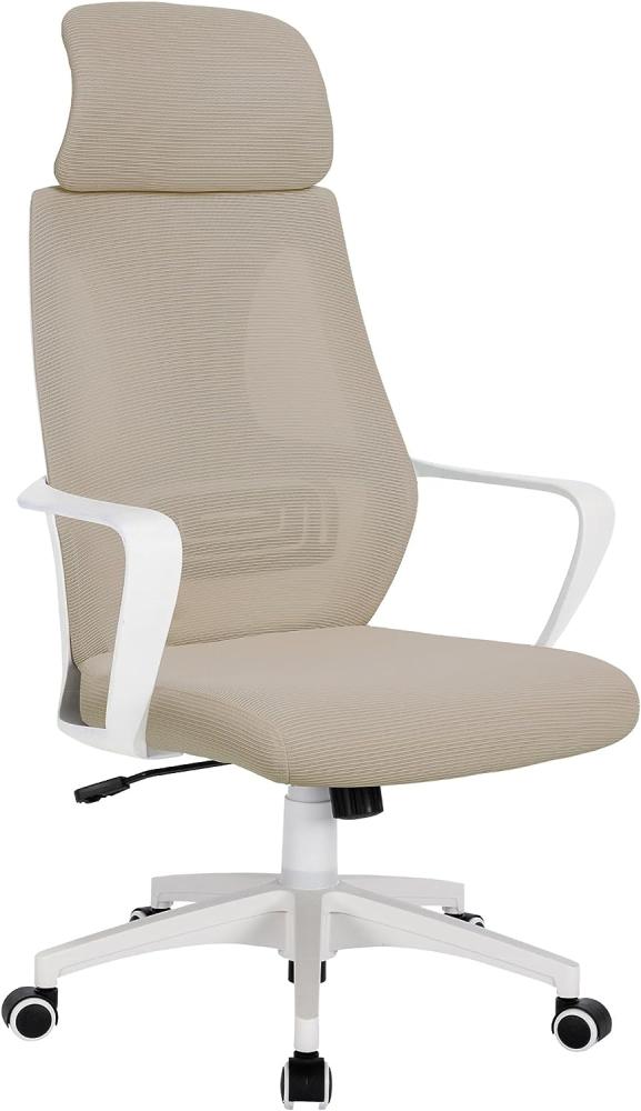 Bürostuhl mit Lordosenstütze im Netzstoff-Design Schreibtischstuhl mit Wippfunktion ergonomischer Drehstuhl mit einer verstellbaren atmungsaktiven Rückenlehne Weiß/Taupe Bild 1