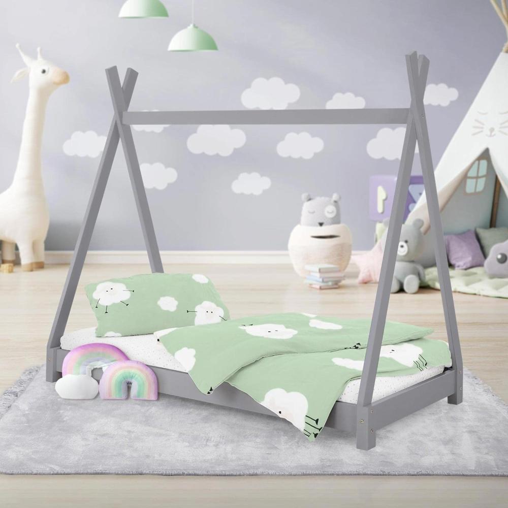 Kinderbett Tipi mit Lattenrost 70x140 cm Hellgrau aus Kiefernholz ML-Design Bild 1