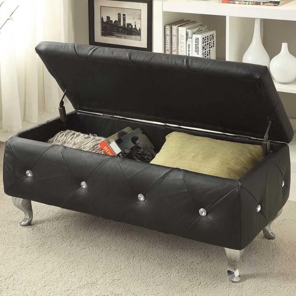 BAKAJI Aufbewahrungsbox Pouf Fußstütze, Schlafzimmer, Bank, Hocker, Gestell aus Holz, Kunstleder, gesteppt, mit Kristallen, Beine aus Metall, modernes Design (Schwarz) Bild 1