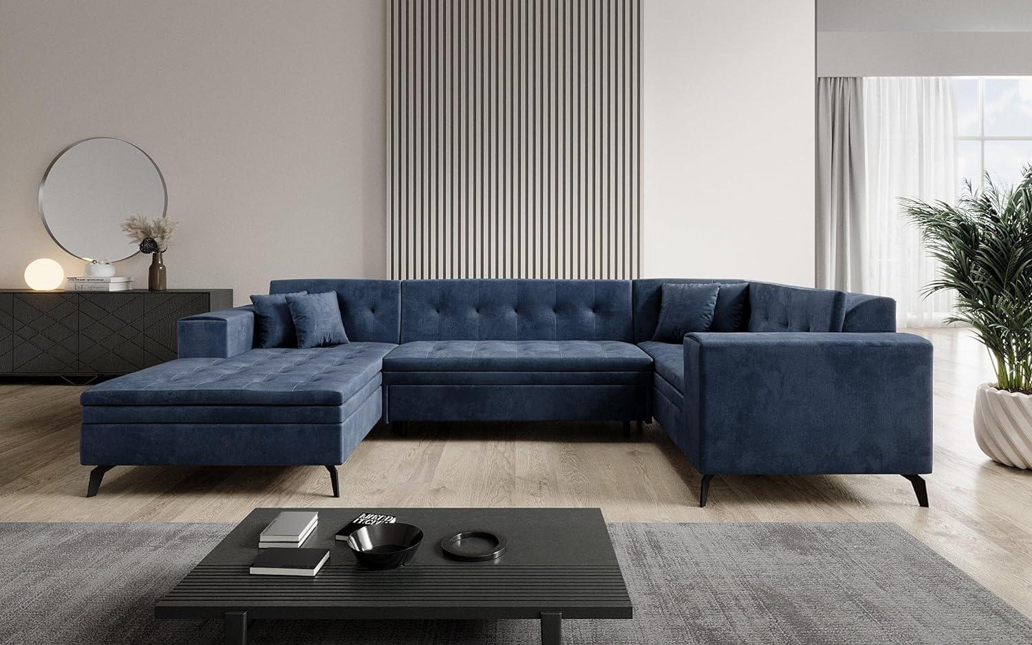 Designer Sofa Neola mit Schlaffunktion Samt Blau Links Bild 1