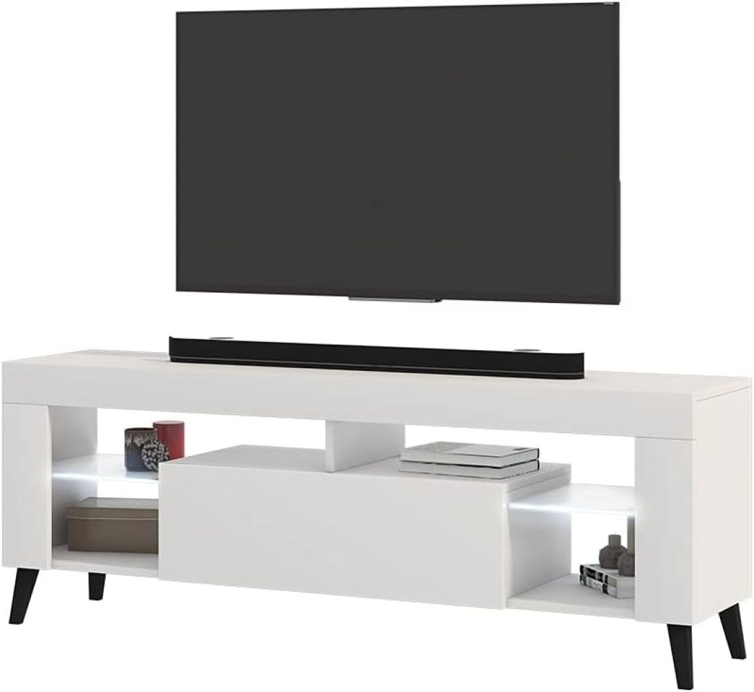 Selsey HugoB – TV-Lowboard, modernes TV-Sideboard mit Füßen und Glaseinlegeböden, 140 cm (Weiß Matt / Weiß Glanz, mit LED) Bild 1