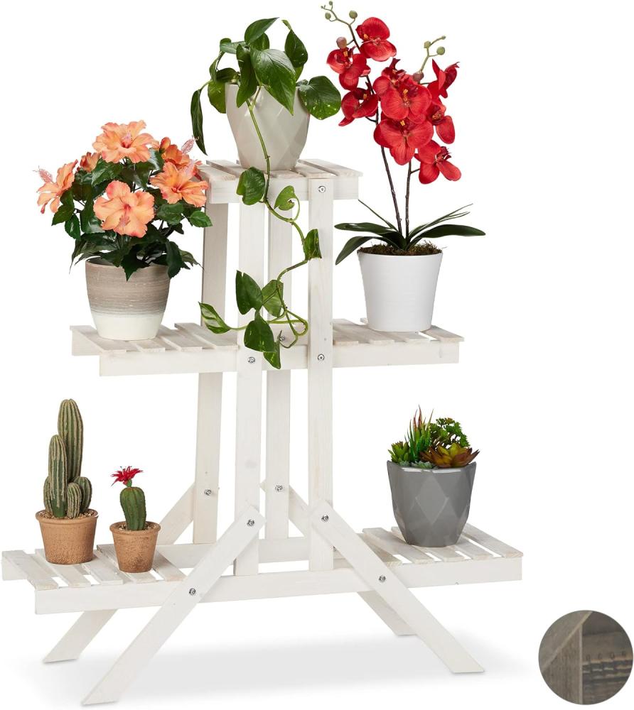 Relaxdays Blumentreppe aus Holz, 3 Stufen mit 5 Ablagen, Shabby Chic, innen, HBT: 83 x 83 x 28 cm, Blumenregal, weiß Bild 1
